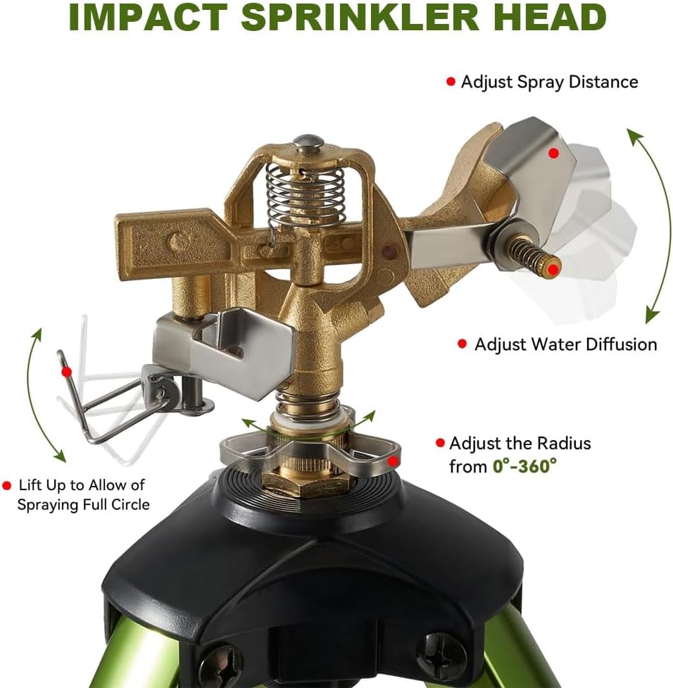 Impact Sprinkler on Tripod Base, Heavy-Duty sprinklers Provide 360-degree Spray Coverage Large Yard Garden Lawn Areas, 3/4 Inch Connector Extension Legs Flip Locks with Brass Head, 2 Pack