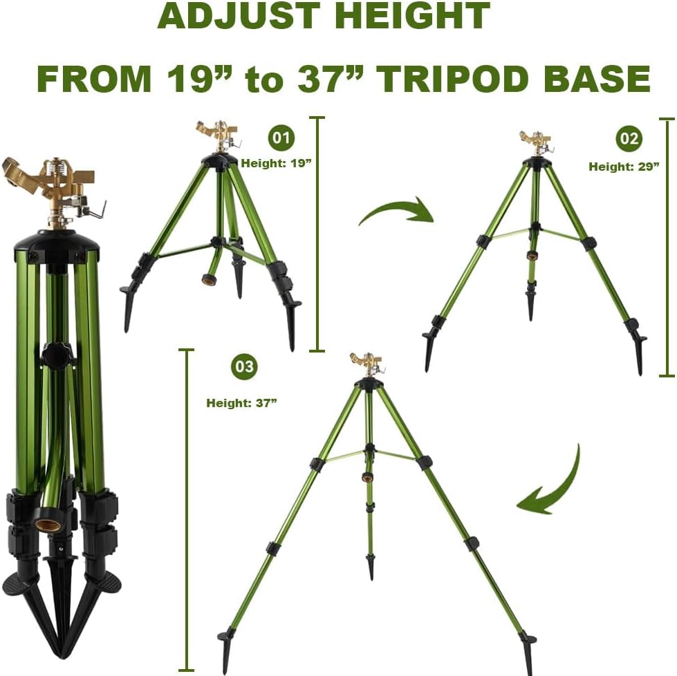 Impact Sprinkler on Tripod Base, Heavy-Duty sprinklers Provide 360-degree Spray Coverage Large Yard Garden Lawn Areas, 3/4 Inch Connector Extension Legs Flip Locks with Brass Head, 2 Pack