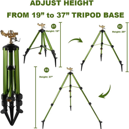 Impact Sprinkler on Tripod Base, Heavy-Duty sprinklers Provide 360-degree Spray Coverage Large Yard Garden Lawn Areas, 3/4 Inch Connector Extension Legs Flip Locks with Brass Head, 2 Pack