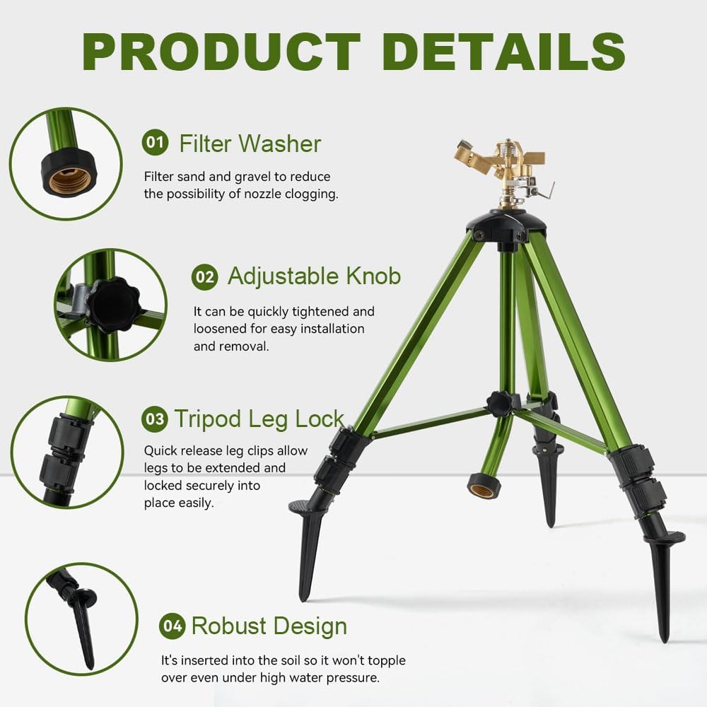 Impact Sprinkler on Tripod Base, Heavy-Duty sprinklers Provide 360-degree Spray Coverage Large Yard Garden Lawn Areas, 3/4 Inch Connector Extension Legs Flip Locks with Brass Head, 2 Pack