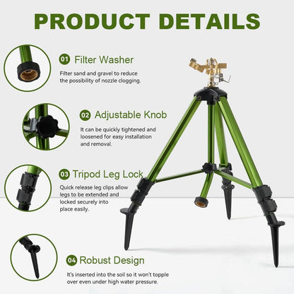 Impact Sprinkler on Tripod Base, Heavy-Duty sprinklers Provide 360-degree Spray Coverage Large Yard Garden Lawn Areas, 3/4 Inch Connector Extension Legs Flip Locks with Brass Head, 2 Pack