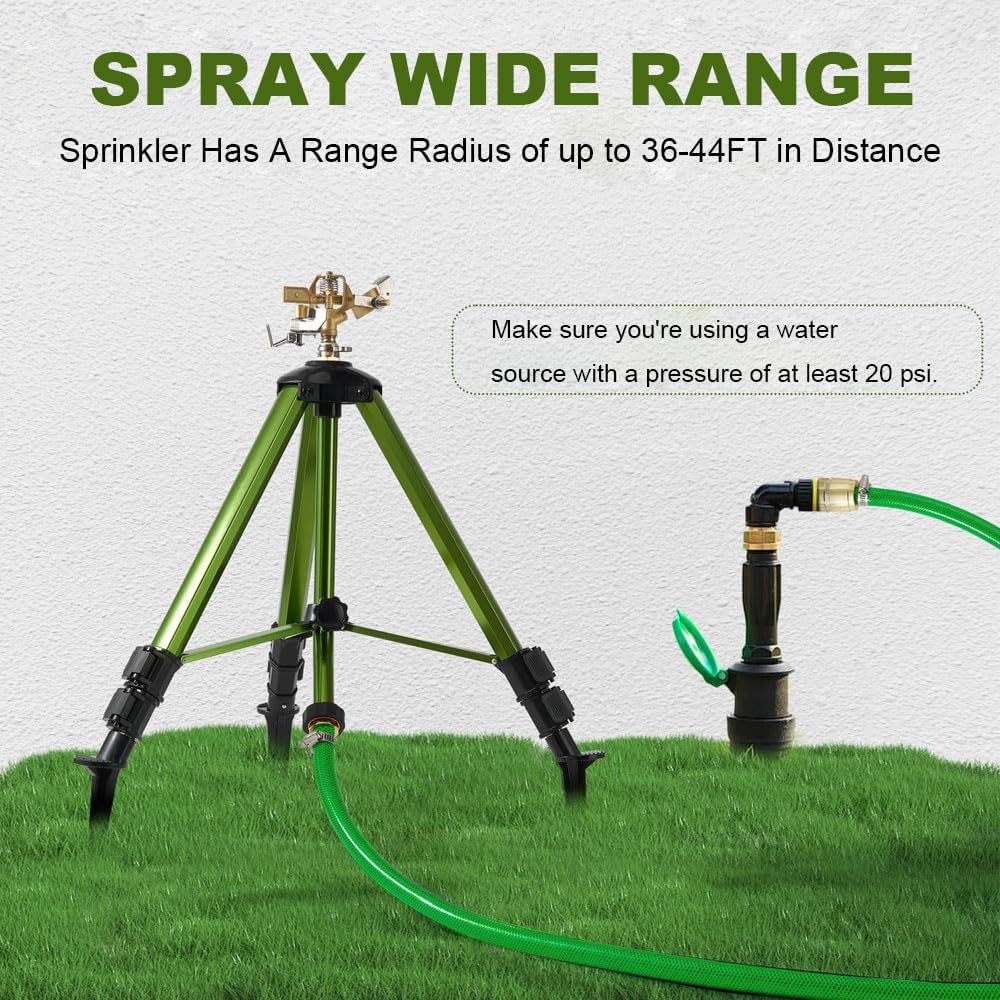 Impact Sprinkler on Tripod Base, Heavy-Duty sprinklers Provide 360-degree Spray Coverage Large Yard Garden Lawn Areas, 3/4 Inch Connector Extension Legs Flip Locks with Brass Head, 2 Pack
