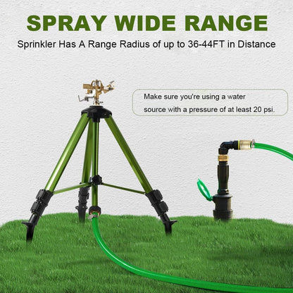 Impact Sprinkler on Tripod Base, Heavy-Duty sprinklers Provide 360-degree Spray Coverage Large Yard Garden Lawn Areas, 3/4 Inch Connector Extension Legs Flip Locks with Brass Head, 2 Pack