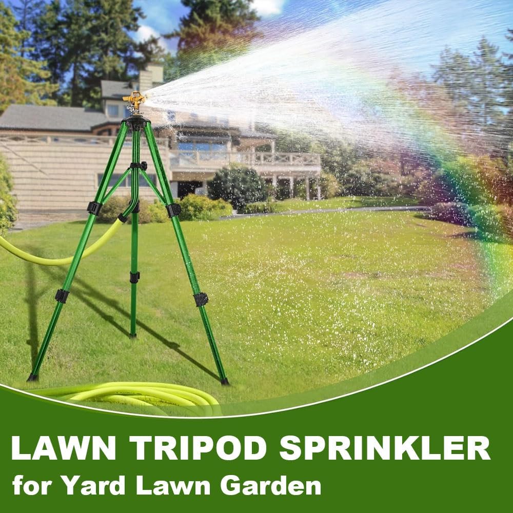 Impact Sprinkler on Tripod Base, Heavy-Duty sprinklers Provide 360-degree Spray Coverage Large Yard Garden Lawn Areas, 3/4 Inch Connector Extension Legs Flip Locks with Brass Head, 2 Pack