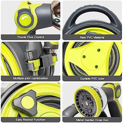 50ft Retractable Garden Hose Reel, Portable Hose Reel, 45+5FT with 10 Patterns Spray Nozzle, Adapts to standard US hose plugs, Hose Reel for Garden Watering Car Washing Pet -Green