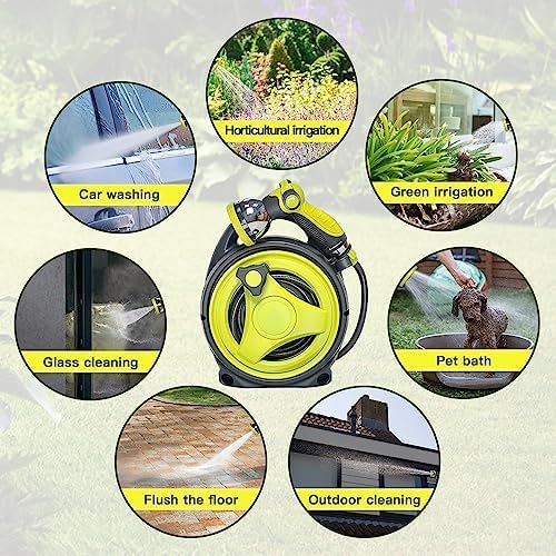 50ft Retractable Garden Hose Reel, Portable Hose Reel, 45+5FT with 10 Patterns Spray Nozzle, Adapts to standard US hose plugs, Hose Reel for Garden Watering Car Washing Pet -Green