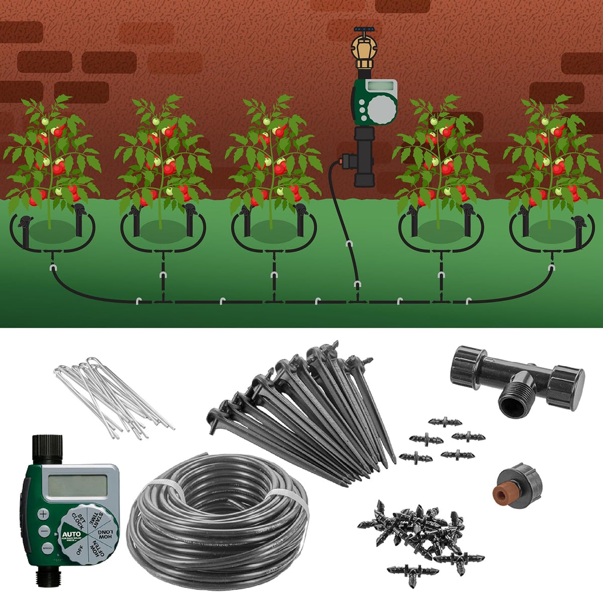 91944 Tomato Garden Drip Irrigation System - Complete 10-Plant Watering Kit with Push-Connect Fittings, Water-Saving Design for Vegetables & Garden Boxes
