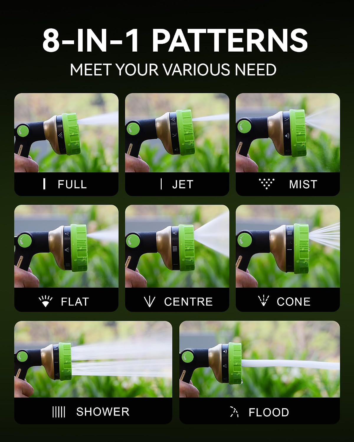 Hose Sprayer Nozzle Heavy Duty - 8 Spray Patterns Garden Hose Nozzle with Adjustable Flow Control for Watering Plants, Washing Cars,Washing Pets, Thumb Control (Green)