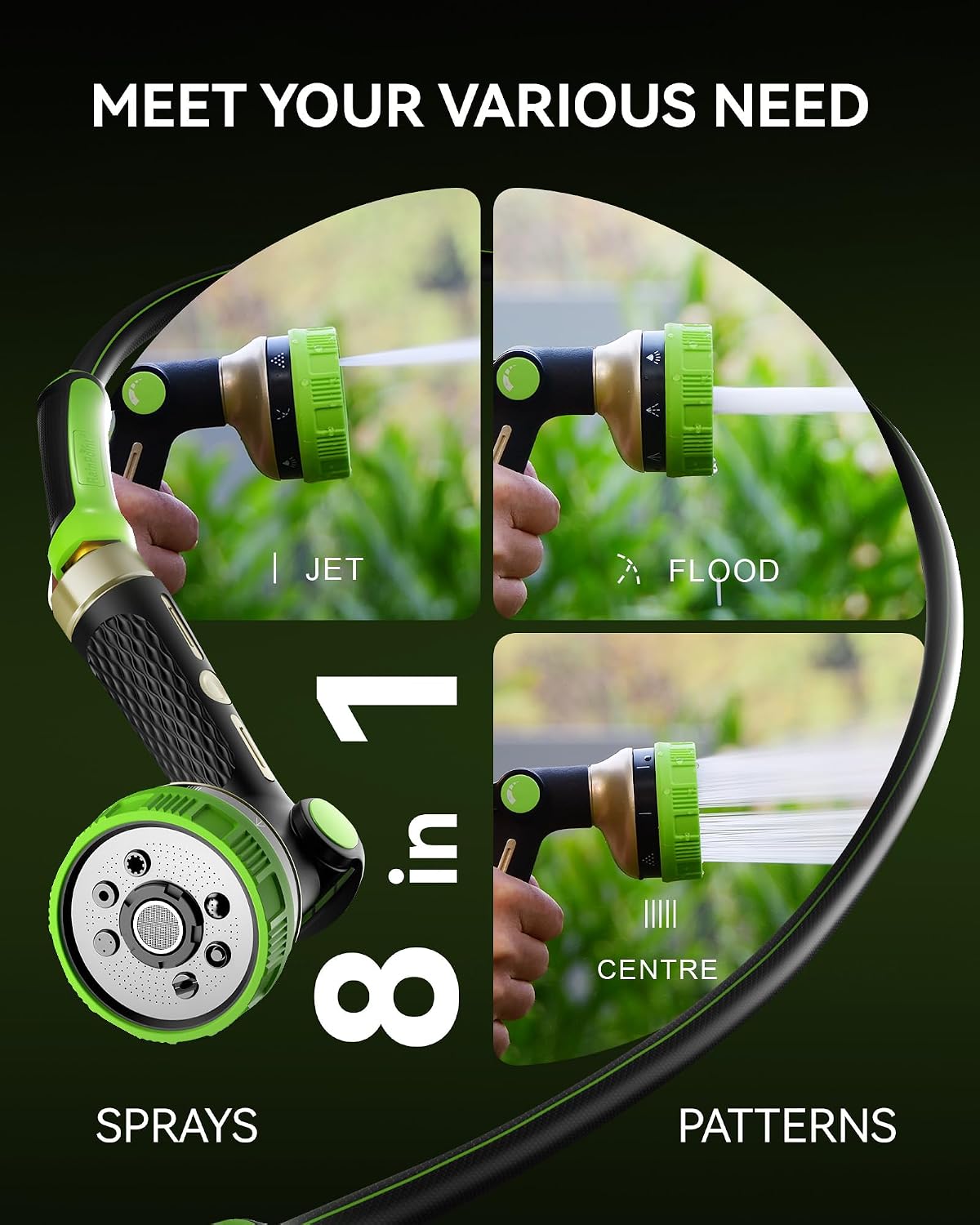 Hose Sprayer Nozzle Heavy Duty - 8 Spray Patterns Garden Hose Nozzle with Adjustable Flow Control for Watering Plants, Washing Cars,Washing Pets, Thumb Control (Green)