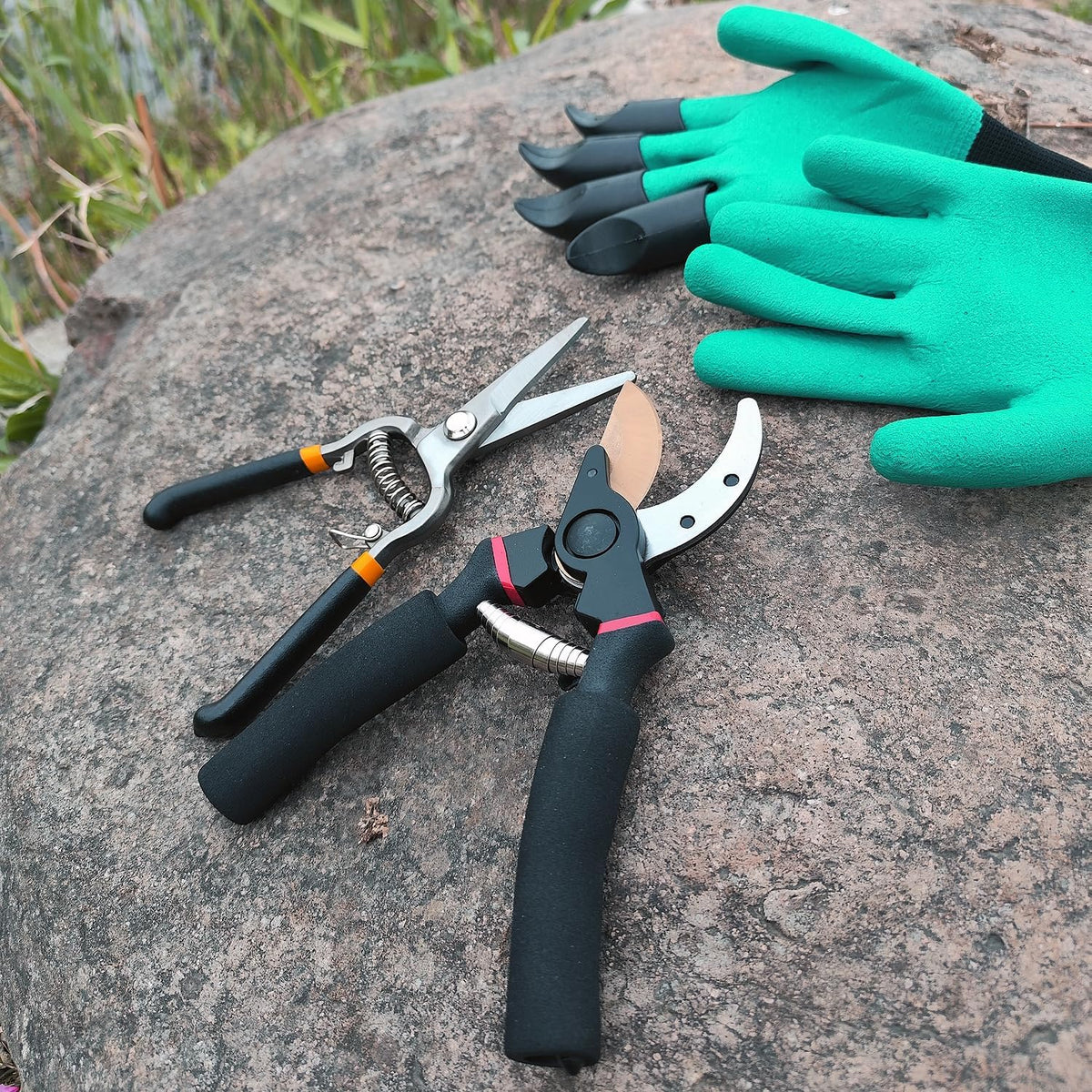 2Pack Pruning Shears, Garden Shears, Pruning Shears for Gardening, Gardening Shears Scissors Clippers, Garden Tools Set with Gloves, Bypass Hand Pruner, Soft Grip Handle
