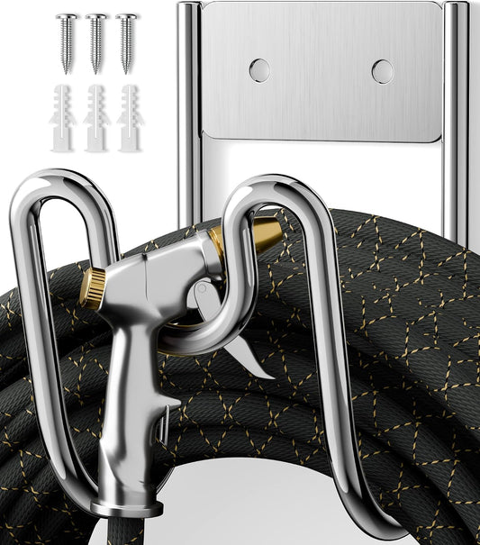 Garden Hose Holder Wall Mount - SS304 Stainless Steel Water Hose Hanger Heavy Duty Rack for Extension Cords Vacuum Hose Outside Silver (1 Pack)