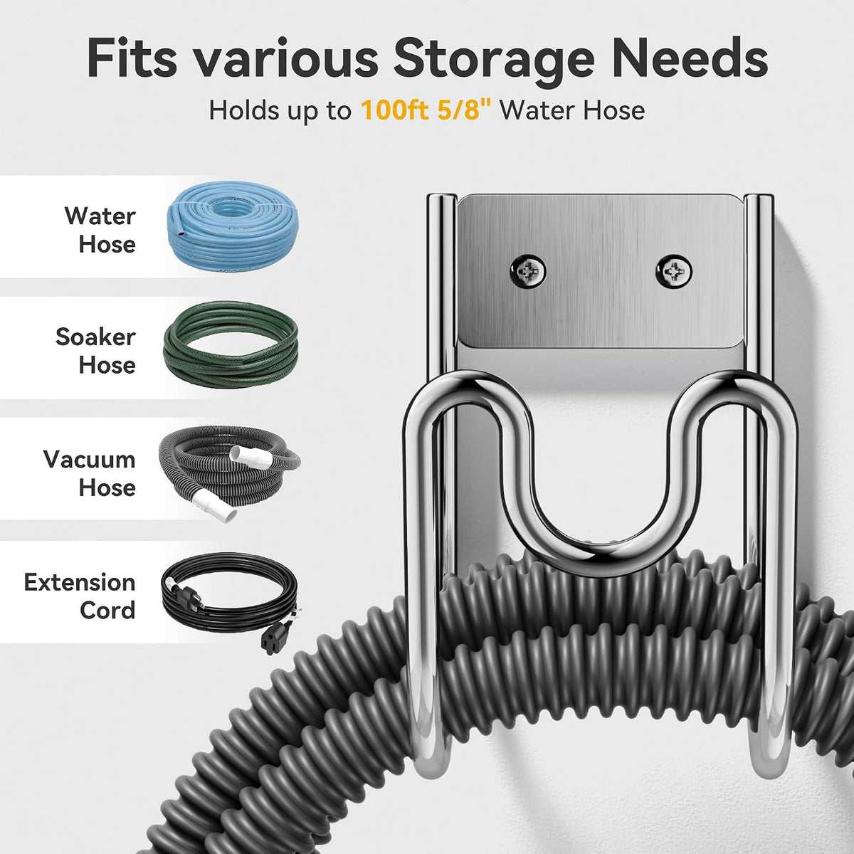 Garden Hose Holder Wall Mount - SS304 Stainless Steel Water Hose Hanger Heavy Duty Rack for Extension Cords Vacuum Hose Outside Silver (1 Pack)