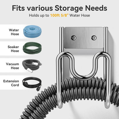 Garden Hose Holder Wall Mount - SS304 Stainless Steel Water Hose Hanger Heavy Duty Rack for Extension Cords Vacuum Hose Outside Silver (1 Pack)