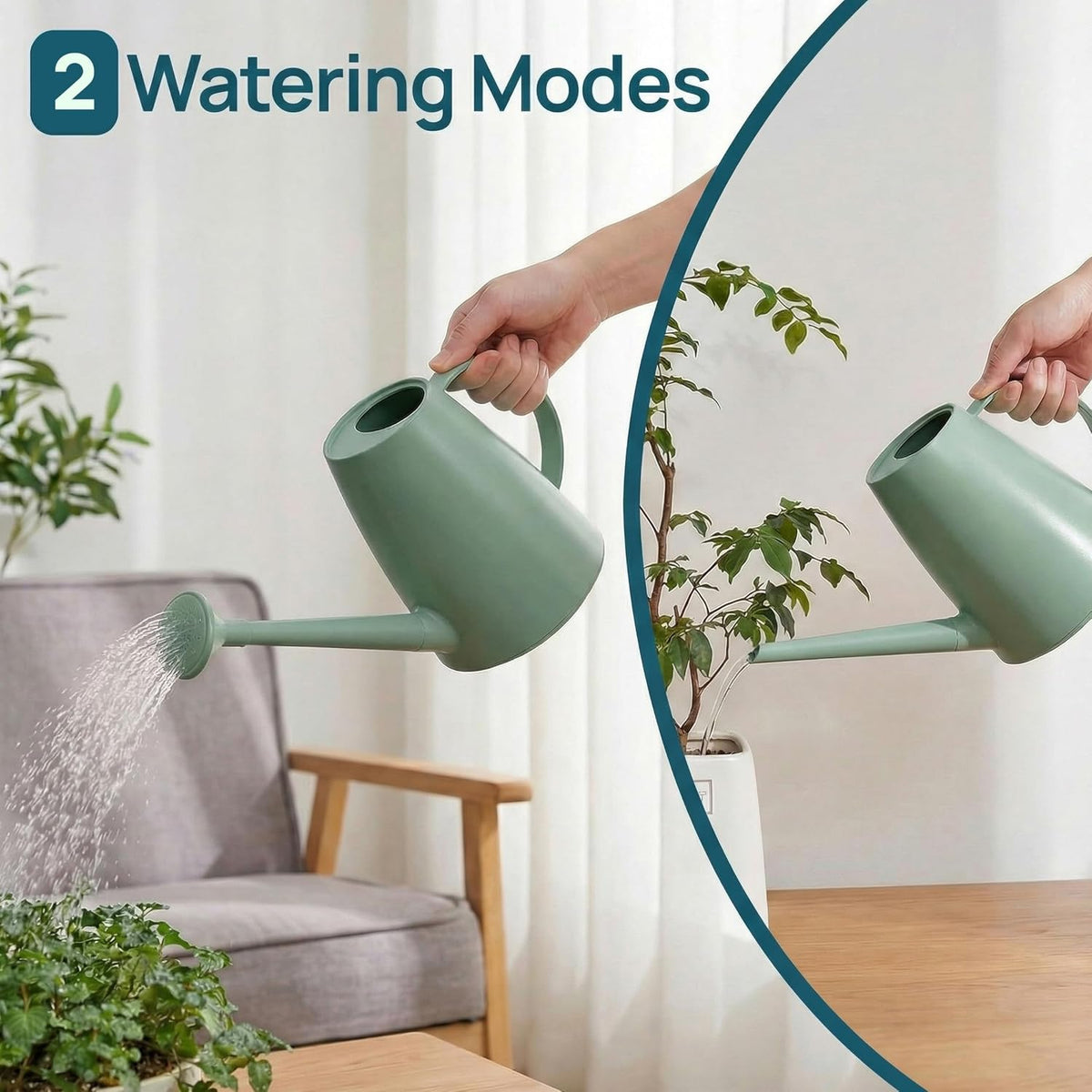 Modern 1.8 Liter Plastic Watering Can with Detachable Spout and Sprinkler Head, Designed for Controlled Pouring and Easy Handling, Light Green