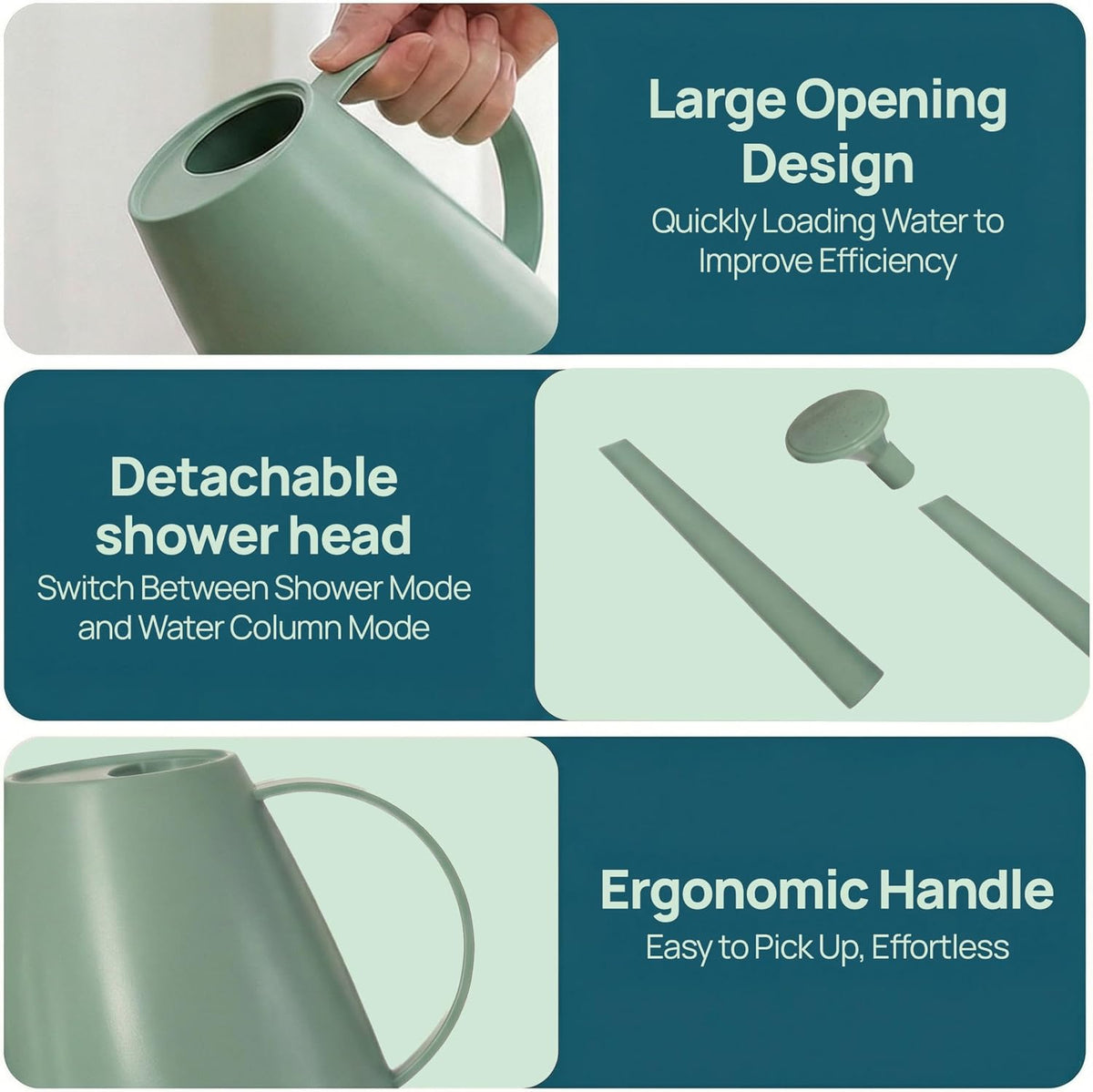 Modern 1.8 Liter Plastic Watering Can with Detachable Spout and Sprinkler Head, Designed for Controlled Pouring and Easy Handling, Light Green