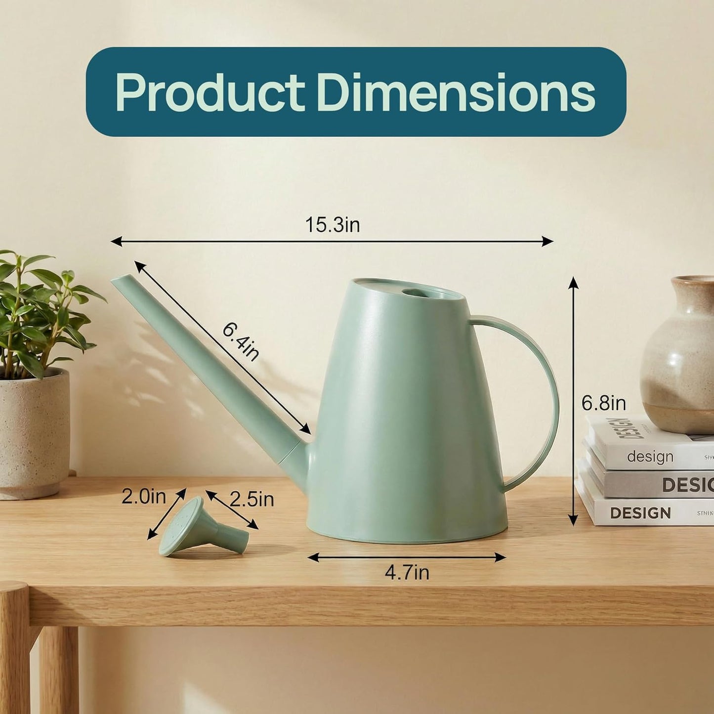 Modern 1.8 Liter Plastic Watering Can with Detachable Spout and Sprinkler Head, Designed for Controlled Pouring and Easy Handling, Light Green