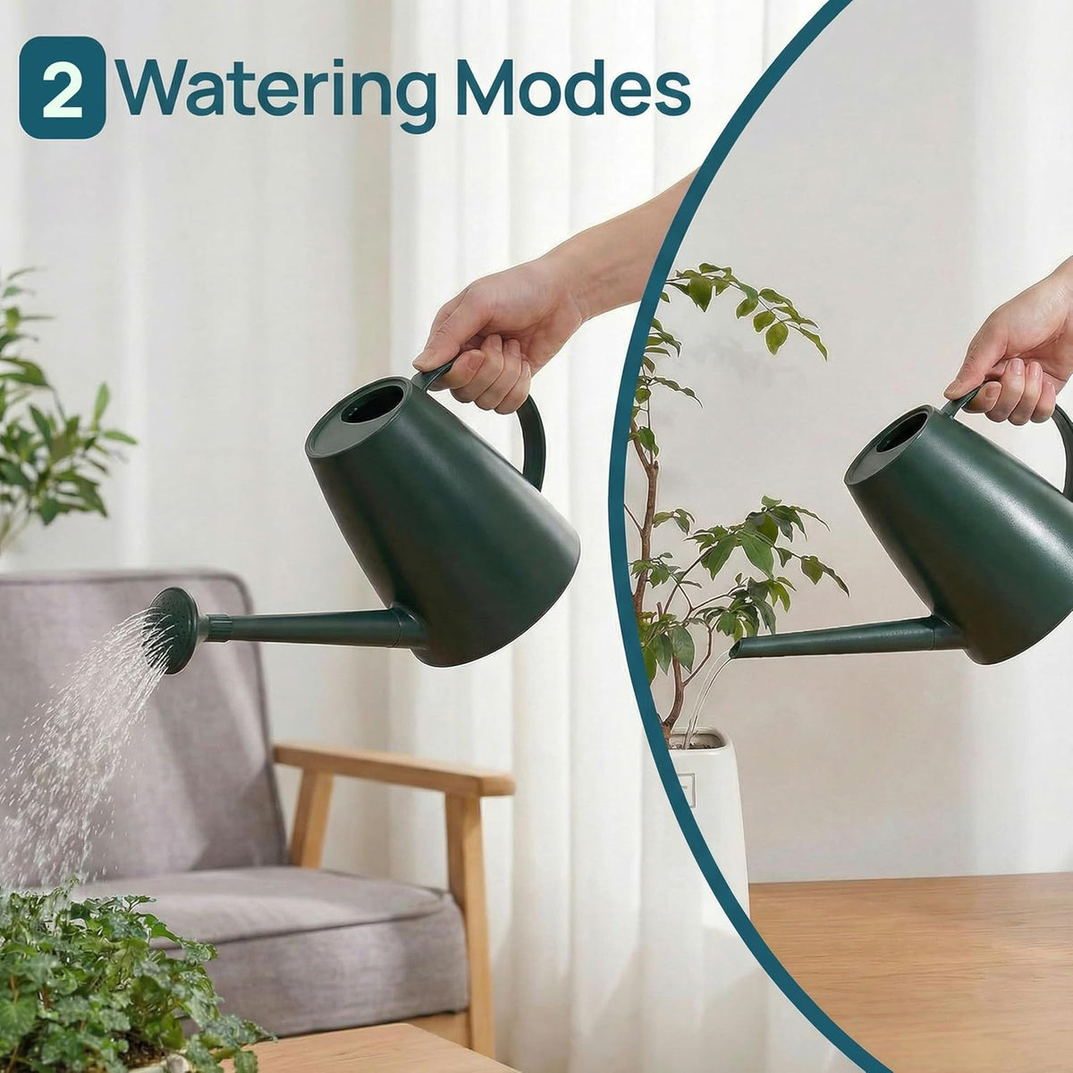Modern 1.8 Liter Plastic Watering Can with Detachable Spout and Sprinkler Head, Designed for Controlled Pouring and Easy Handling, Light Green