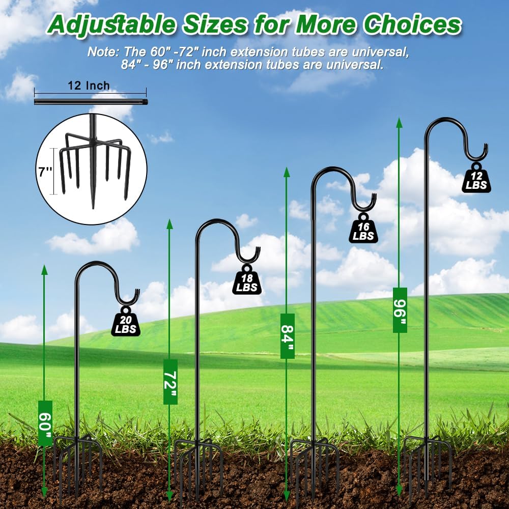 72" Shepherds Hooks for Outdoor, Heavy Duty Garden Bird Feeder Pole for Hanging Bird Feeder, Plant Baskets, Solar Light Lanterns, Outdoor Plant Hanger Hook with 7 Base Prongs,1 Pack