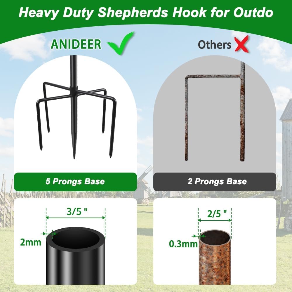 72" Shepherds Hooks for Outdoor, Heavy Duty Garden Bird Feeder Pole for Hanging Bird Feeder, Plant Baskets, Solar Light Lanterns, Outdoor Plant Hanger Hook with 7 Base Prongs,1 Pack