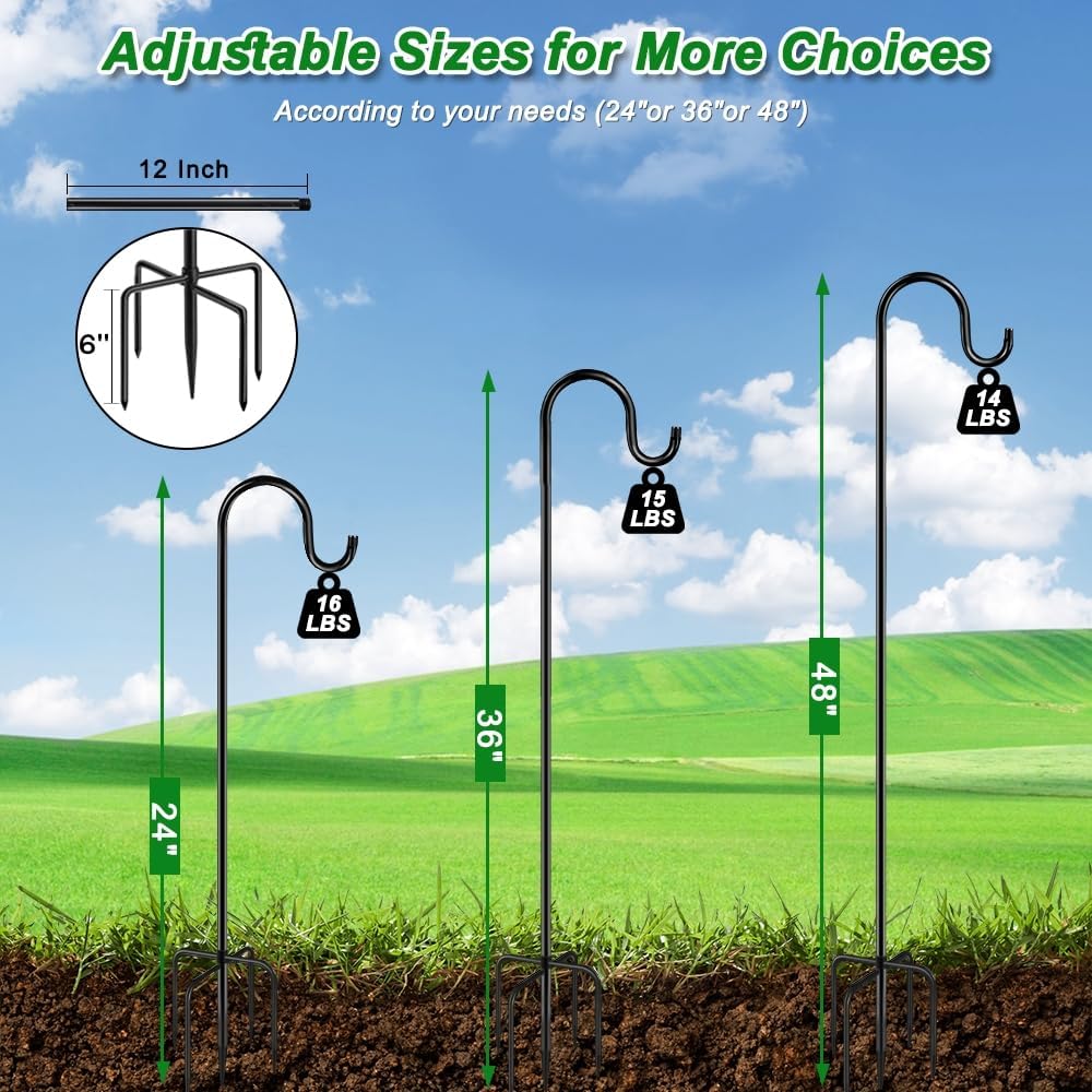 72" Shepherds Hooks for Outdoor, Heavy Duty Garden Bird Feeder Pole for Hanging Bird Feeder, Plant Baskets, Solar Light Lanterns, Outdoor Plant Hanger Hook with 7 Base Prongs,1 Pack