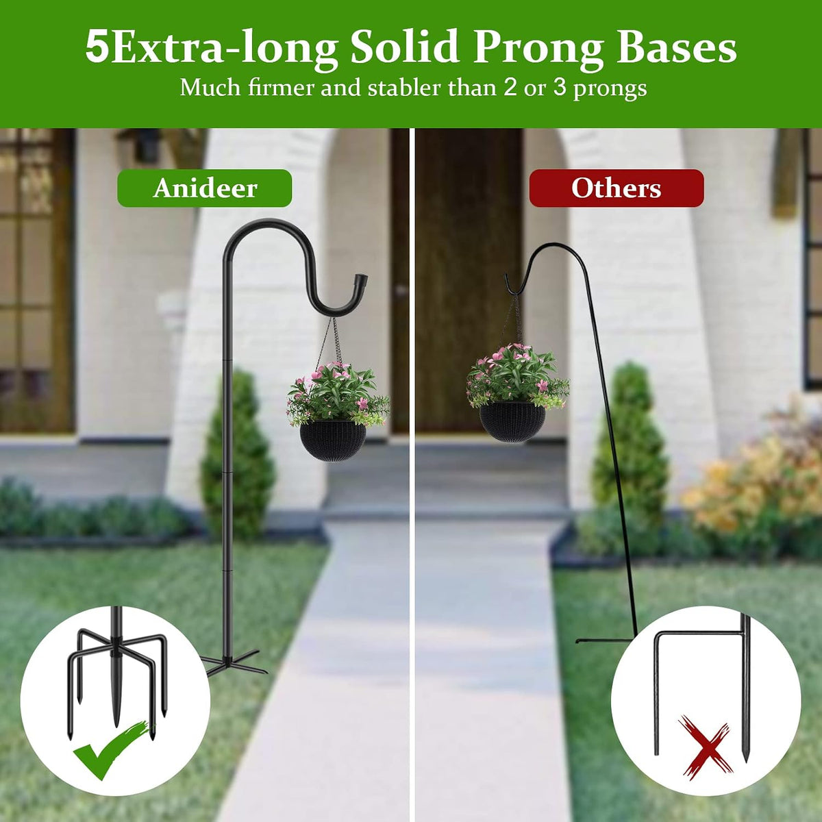 72" Shepherds Hooks for Outdoor, Heavy Duty Garden Bird Feeder Pole for Hanging Bird Feeder, Plant Baskets, Solar Light Lanterns, Outdoor Plant Hanger Hook with 7 Base Prongs,1 Pack