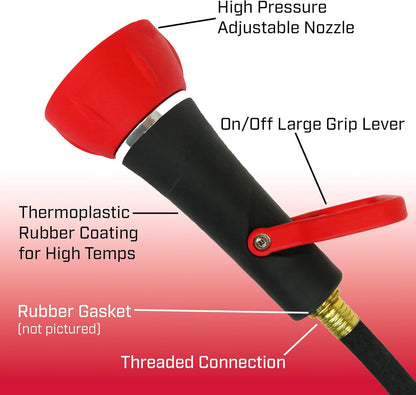 4697: Industrial High Flow Firefighter Style Garden Hose Nozzle, Classic Fireman Style Grip Nozzle with Threaded Garden Hose Connection, Adjustable Twist Nozzle, Up to 250 PSI, Red/Black
