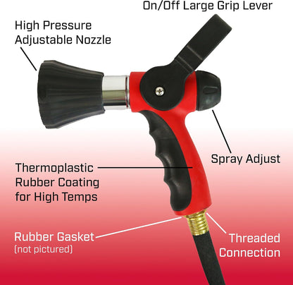 4697: Industrial High Flow Firefighter Style Garden Hose Nozzle, Classic Fireman Style Grip Nozzle with Threaded Garden Hose Connection, Adjustable Twist Nozzle, Up to 250 PSI, Red/Black