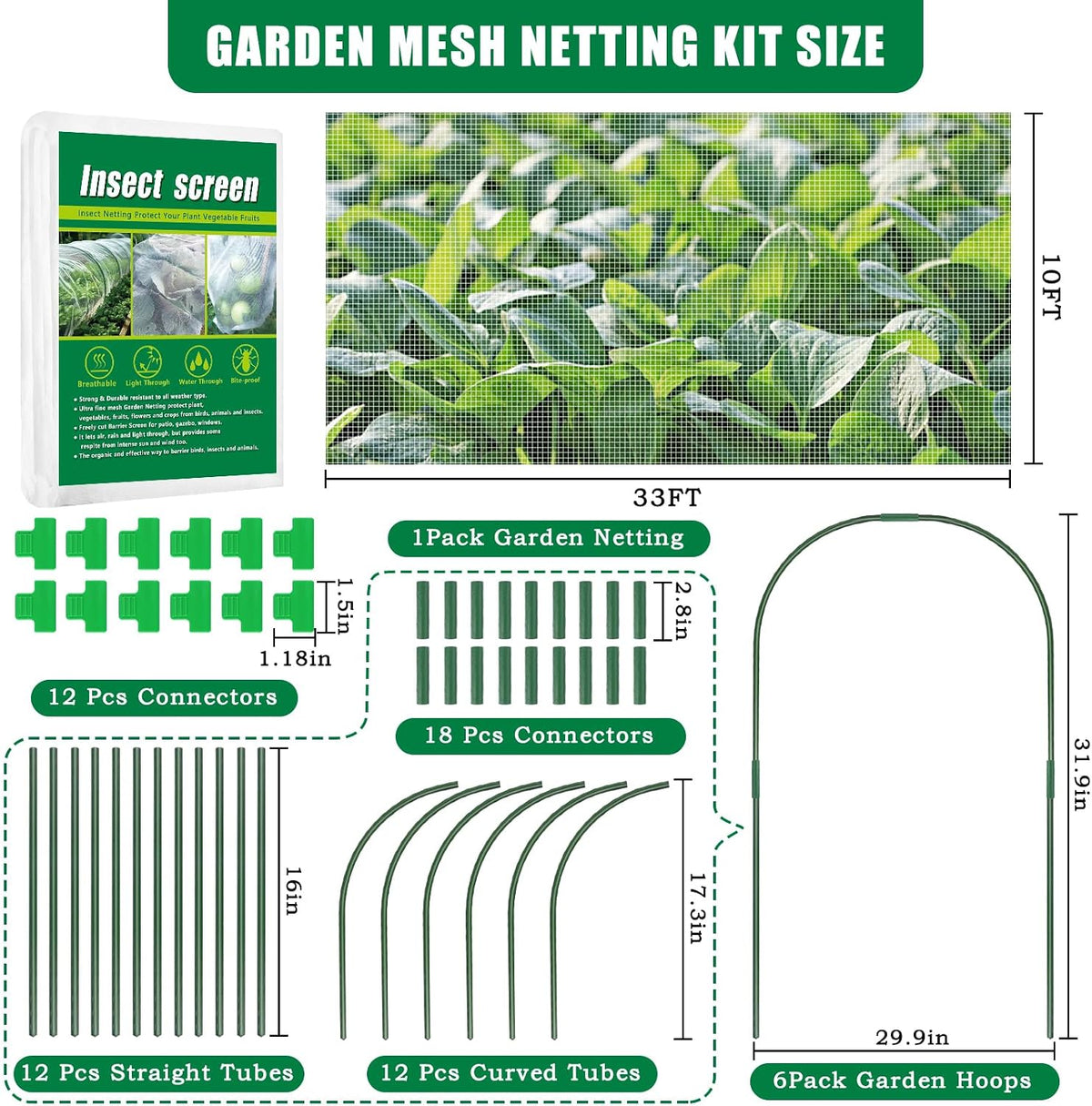 10 X 33 FT Breathable Garden Mesh Netting Pest Barrier for Raised Beds