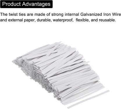 Twist Ties 3" Paper Closure Tie for Party Tying Gift Bags, Candy, Bread, Arts Crafts White Pack of 1500