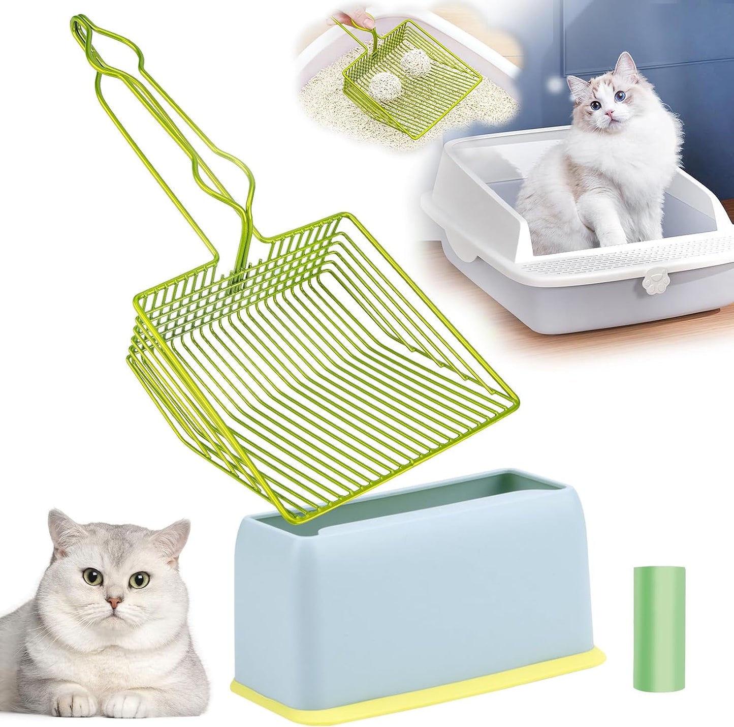 DHXYZZB Cat Litter Scoop with Holder, Metal Cat Litter Scoop Deep Shovel Kitty Poop Scooper Stand for Litter Box, Fast Sifting Non-Stick Cat Poop Sifting with Container to Store cat Scooper