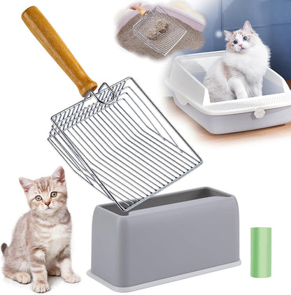 DHXYZZB Cat Litter Scoop with Holder, Metal Cat Litter Scoop Deep Shovel Kitty Poop Scooper Stand for Litter Box, Fast Sifting Non-Stick Cat Poop Sifting with Container to Store cat Scooper