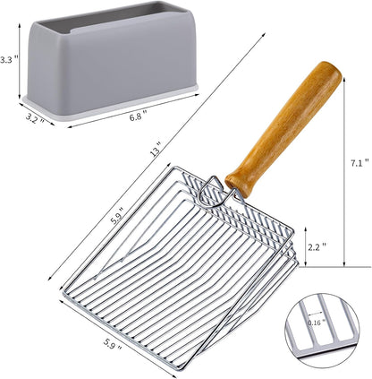 DHXYZZB Cat Litter Scoop with Holder, Metal Cat Litter Scoop Deep Shovel Kitty Poop Scooper Stand for Litter Box, Fast Sifting Non-Stick Cat Poop Sifting with Container to Store cat Scooper