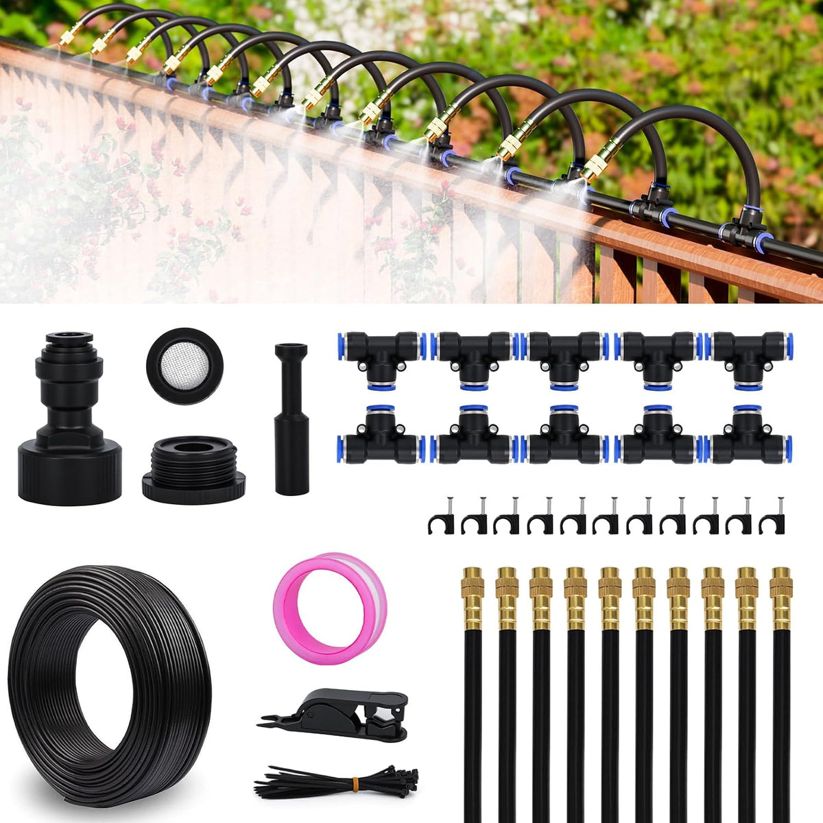 Drip Irrigation System 66 FT with 20 Nozzles, 360° Adjustable Bendable Garden Watering Misting System for Greenhouse, Yard, Lawn, Plant, Garden, 5/16 inch Hose (OD: 8mm)