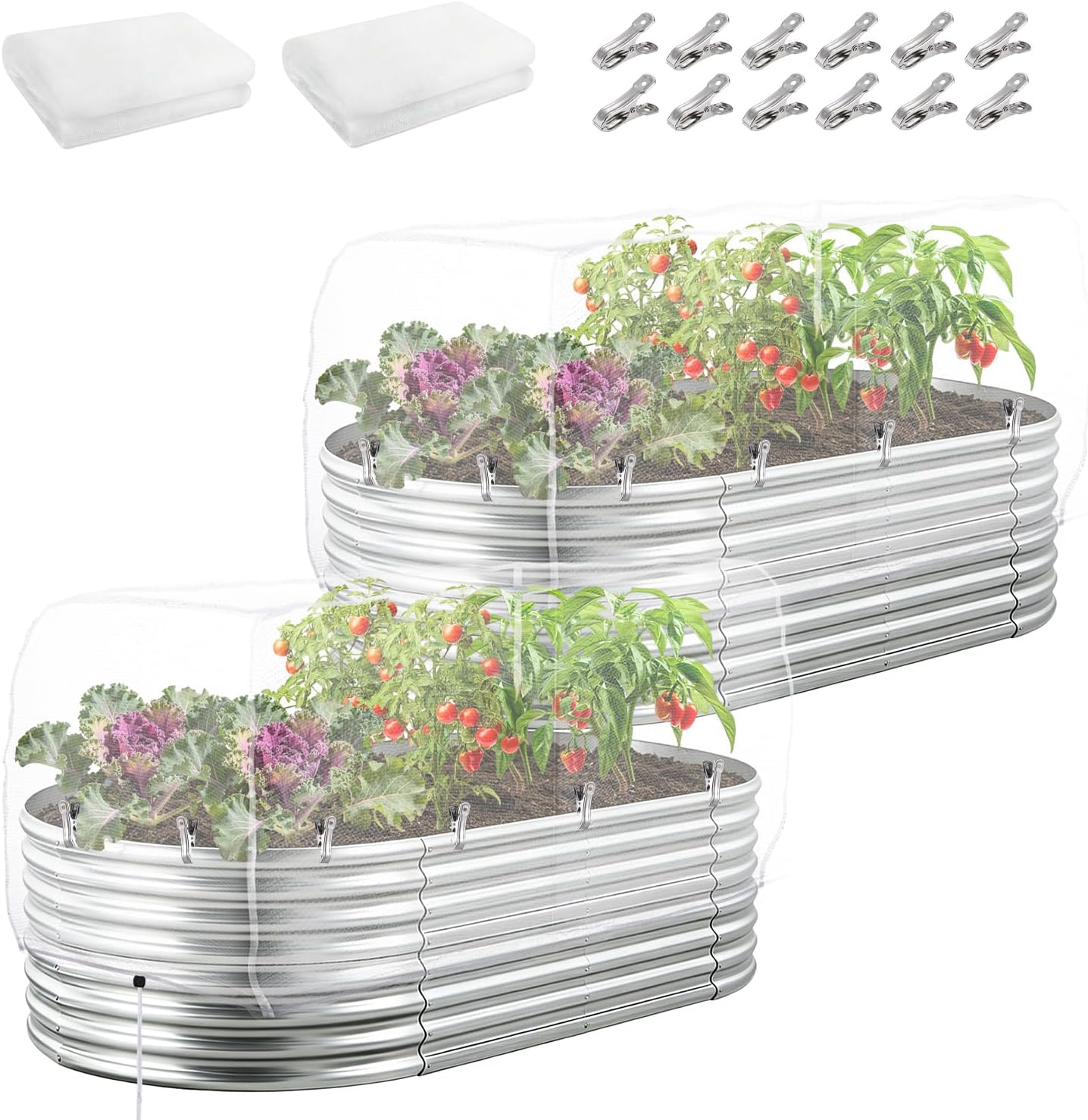 2 pcs Windproof Garden Netting for Raised Beds (4ft L x 2ft W x 1ft H) - 60 Mesh Bird Netting Garden Bed Cover with Drawstring & 40 Clips for Vegetables Flowers, Excluding Hoops or Frames