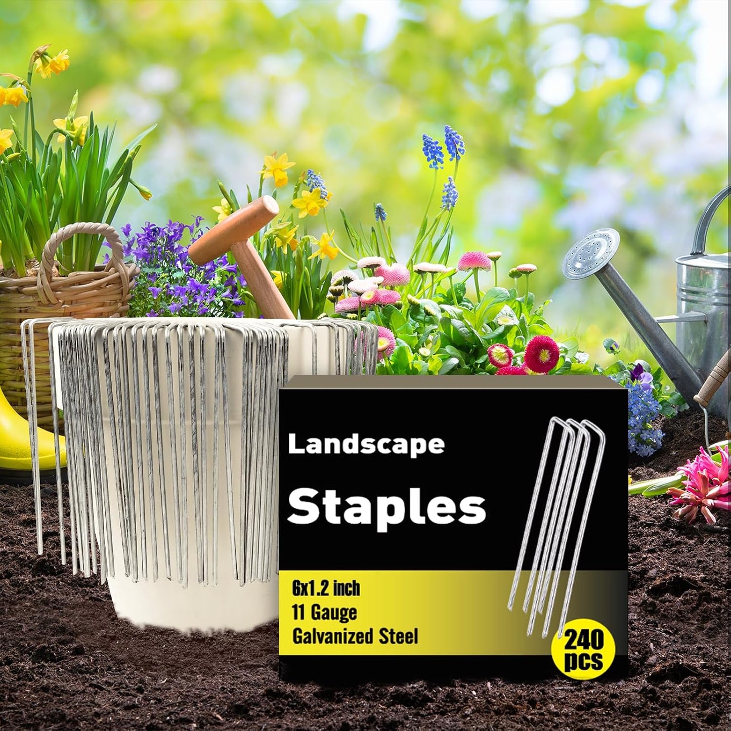240 Pack Landscape Staples 6 Inch, Galvanized Garden Stakes