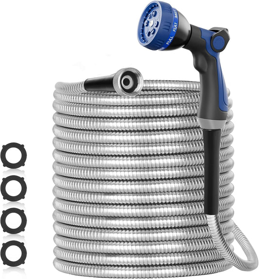 50ft 304 Stainless Steel Metal Garden Hose with Blue Nozzle