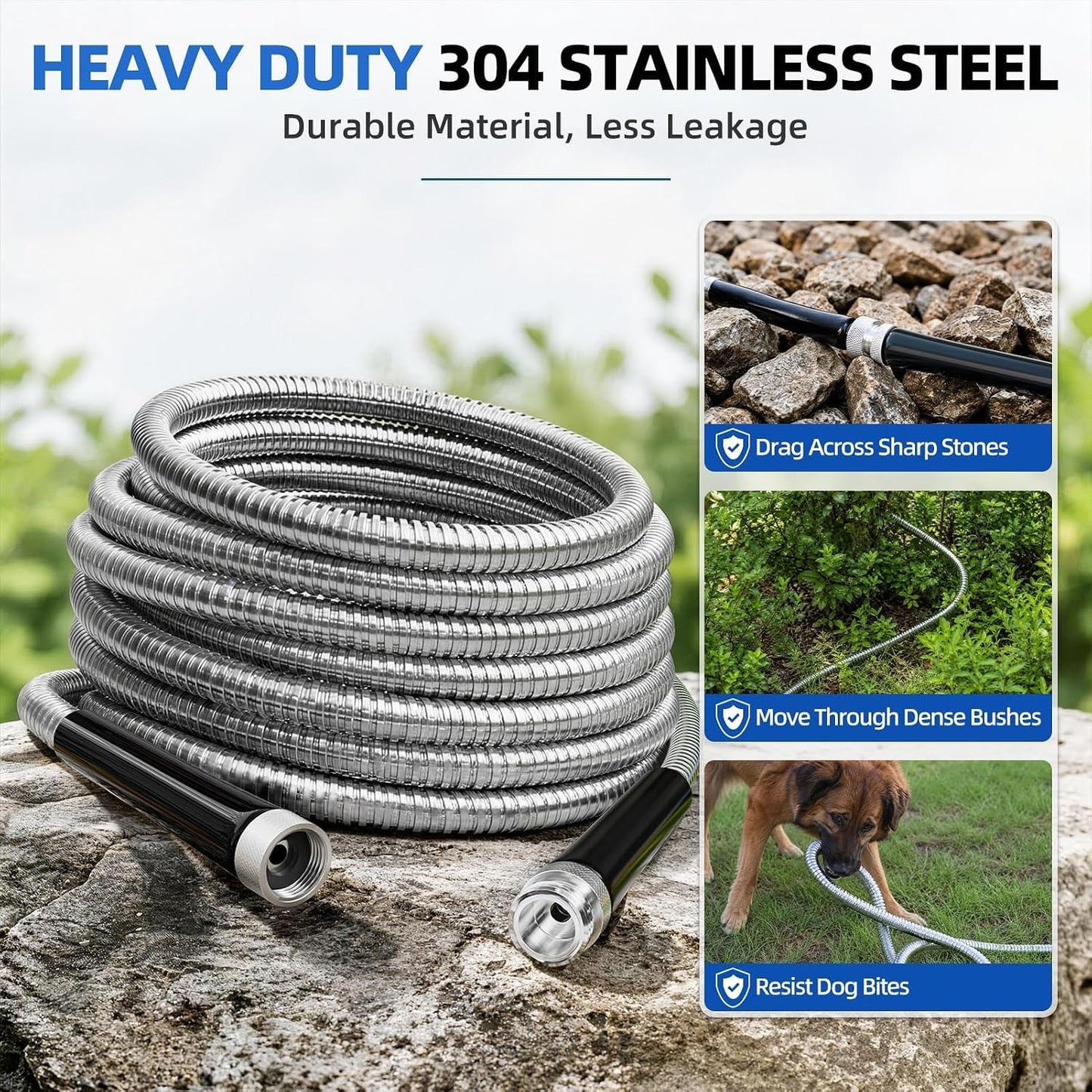 50ft 304 Stainless Steel Metal Garden Hose with Blue Nozzle