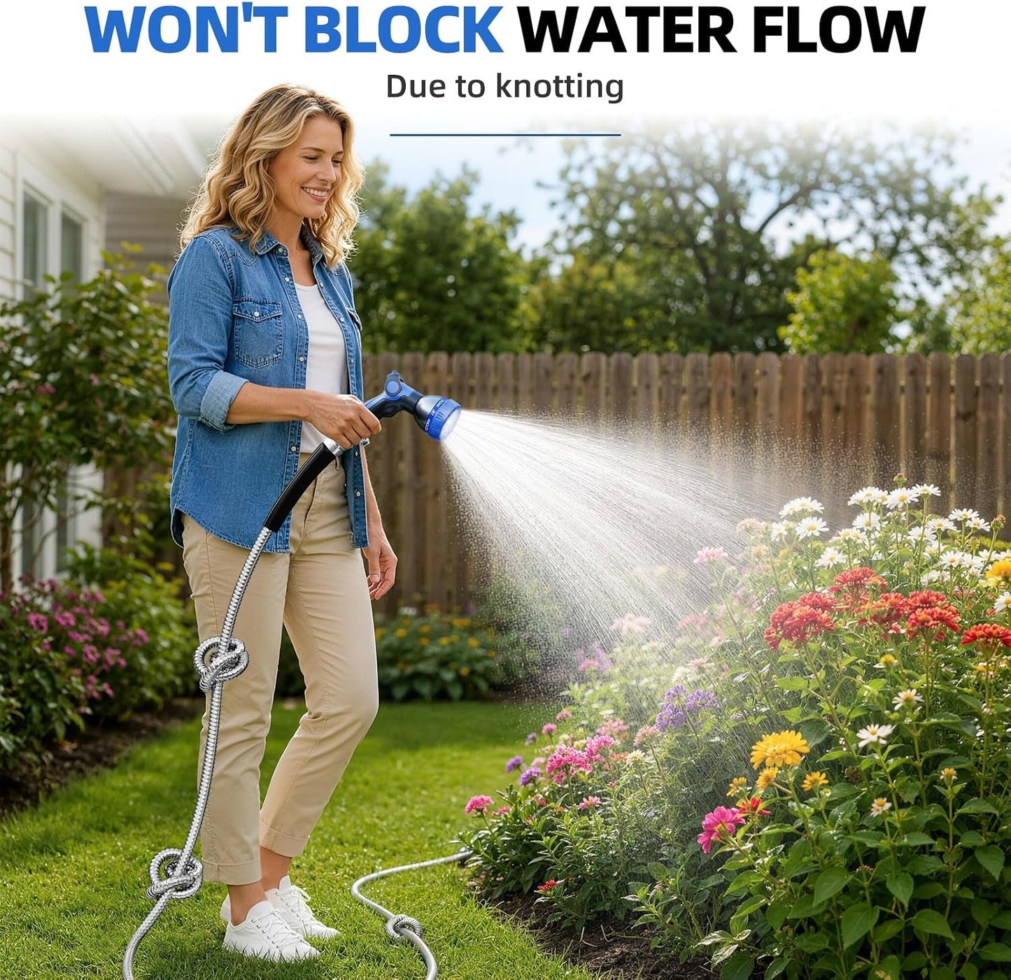 50ft 304 Stainless Steel Metal Garden Hose with Blue Nozzle