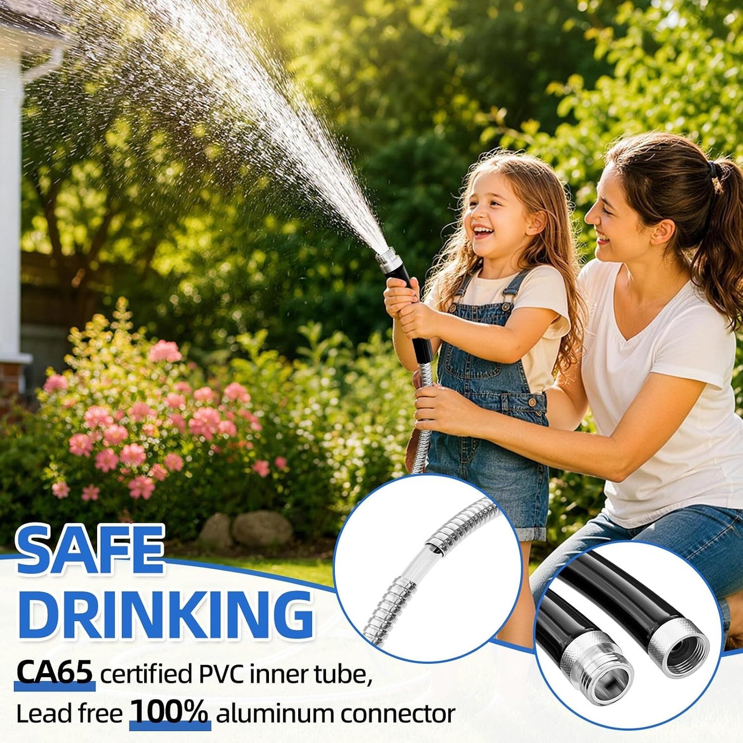 50ft 304 Stainless Steel Metal Garden Hose with Blue Nozzle