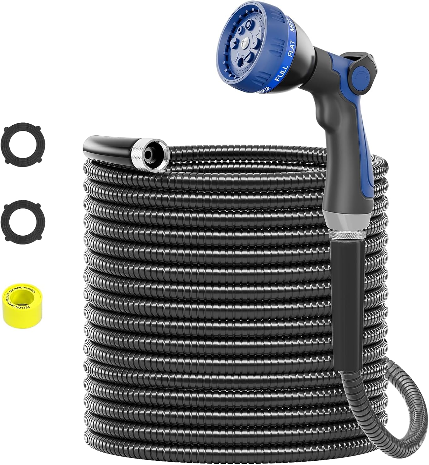 50ft 304 Stainless Steel Metal Garden Hose with Blue Nozzle