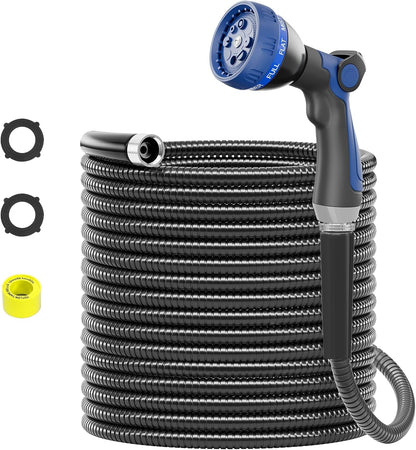 50ft 304 Stainless Steel Metal Garden Hose with Blue Nozzle