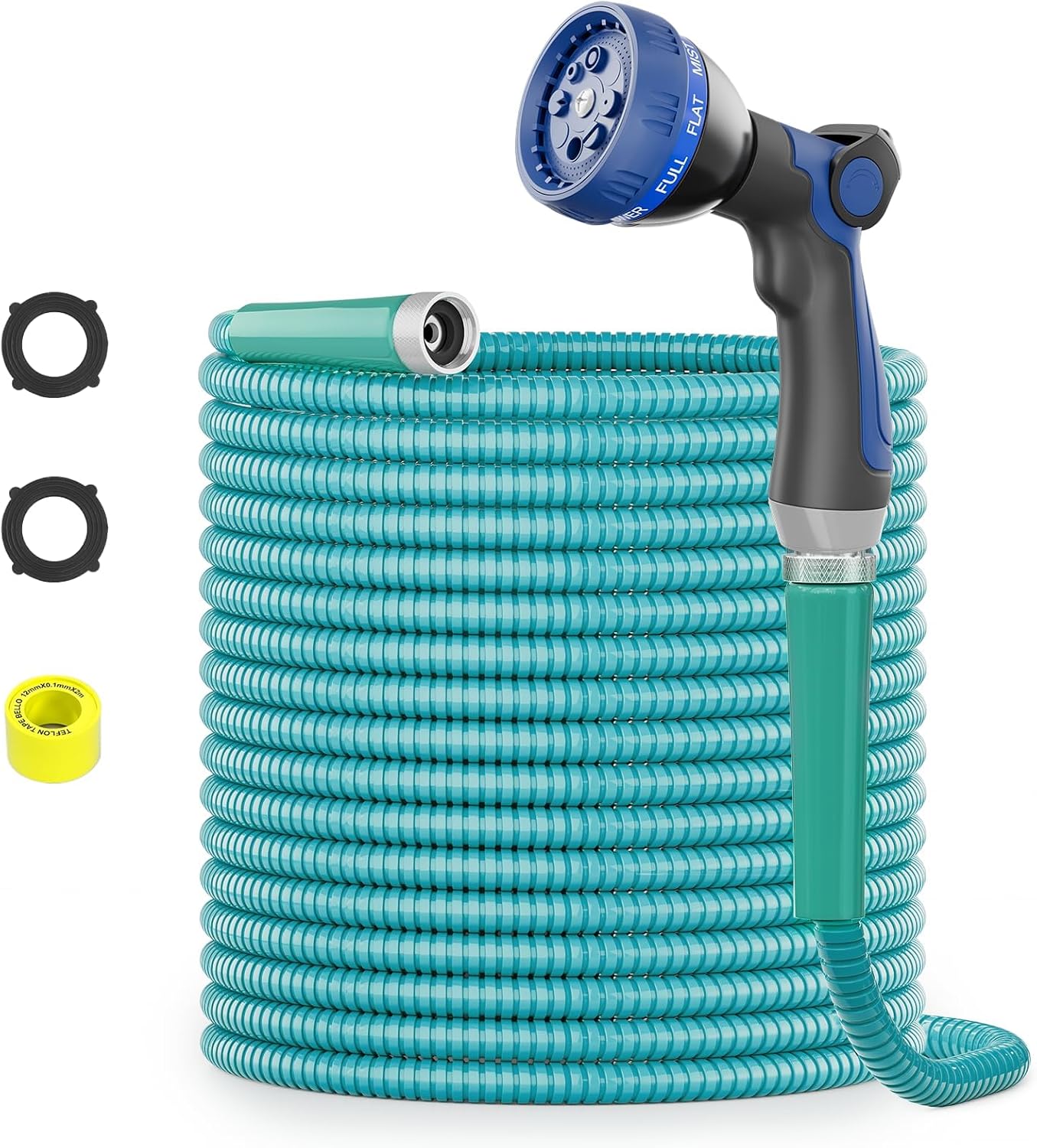 50ft 304 Stainless Steel Metal Garden Hose with Blue Nozzle