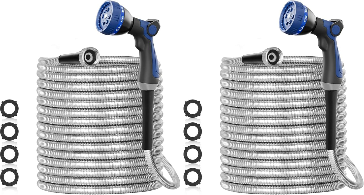 50ft 304 Stainless Steel Metal Garden Hose with Blue Nozzle