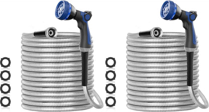 50ft 304 Stainless Steel Metal Garden Hose with Blue Nozzle