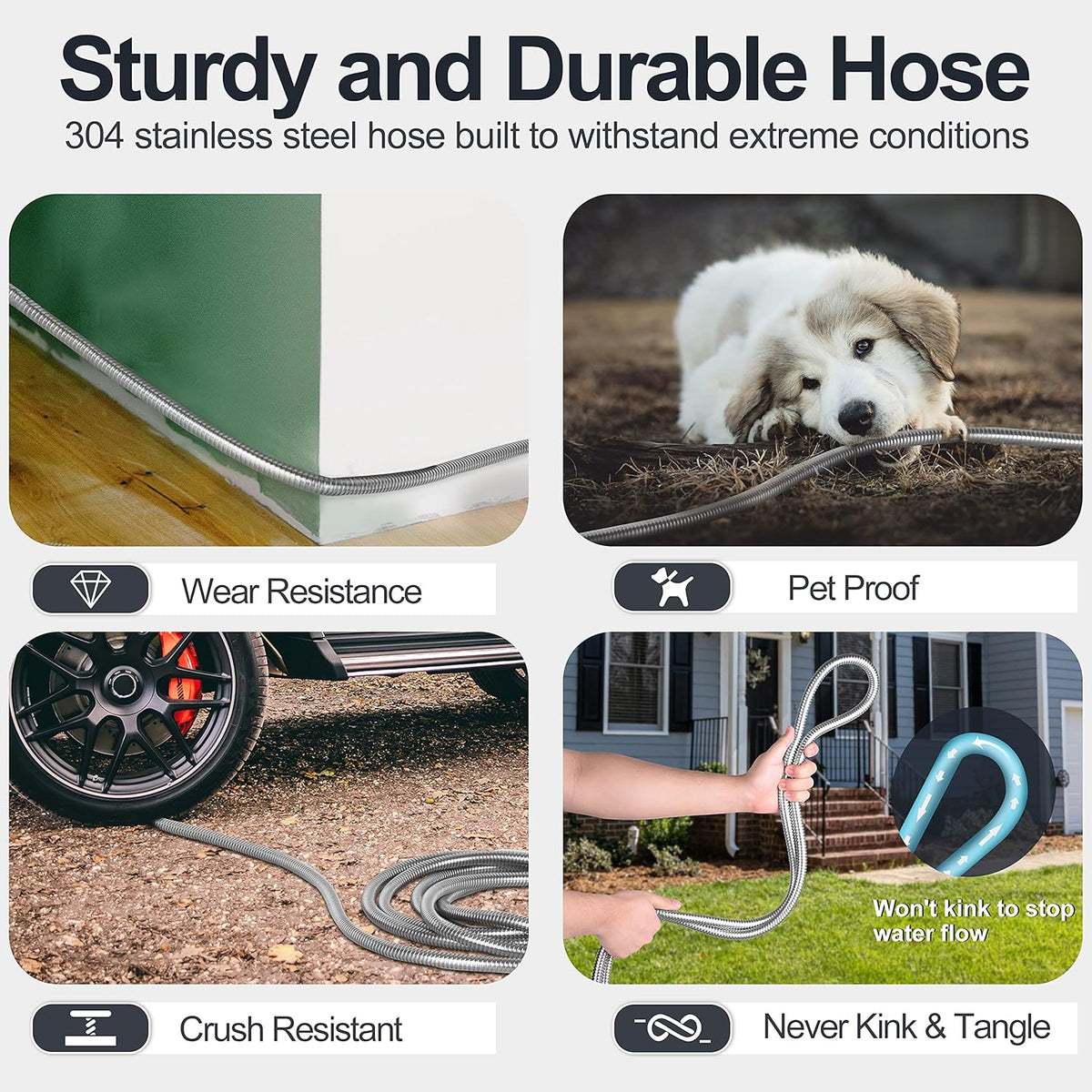 50ft 304 Stainless Steel Metal Garden Hose with Blue Nozzle