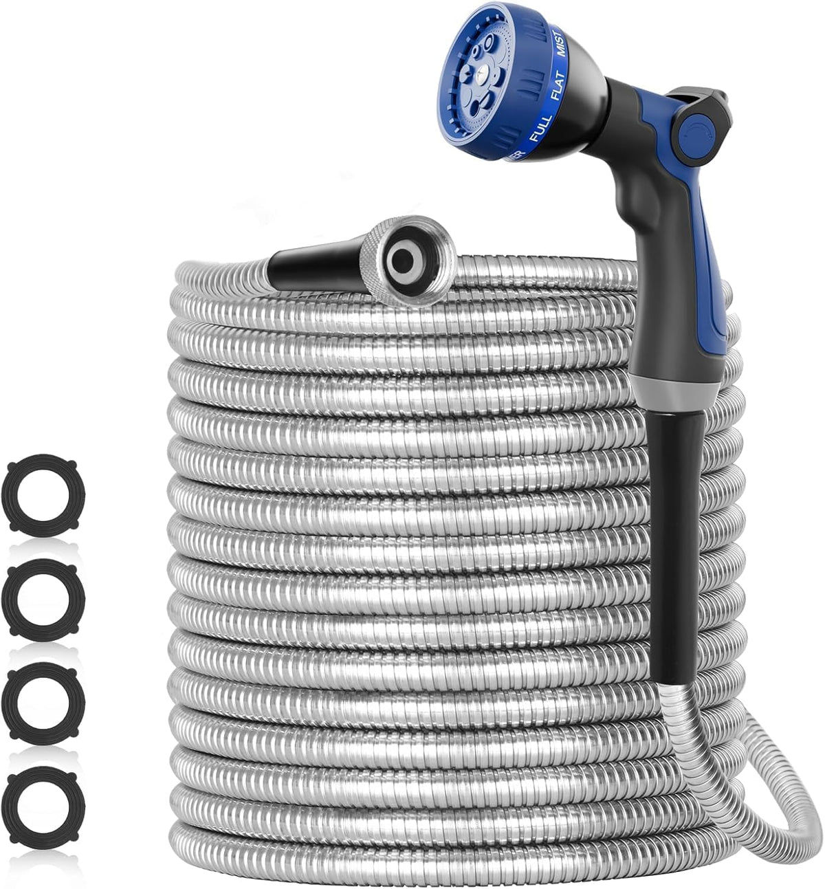 50ft 304 Stainless Steel Metal Garden Hose with Blue Nozzle