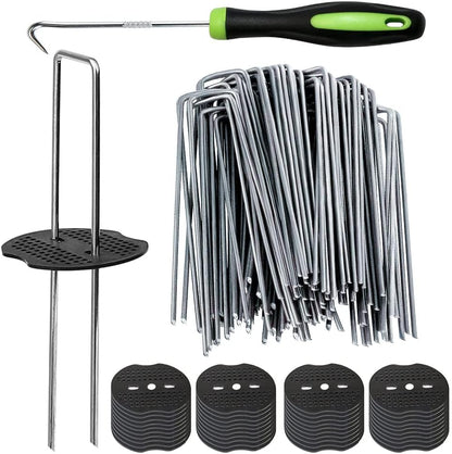 50Pcs Garden Stakes Staples + 50Pcs Gasket, 6 Inch Lawn Landscape Staples 11 Gauge U Shaped Galvanized Landscape Pins, Heavy Duty Yard Ground Pin for Weed Barrier Sod Fabric Decorations - 6"