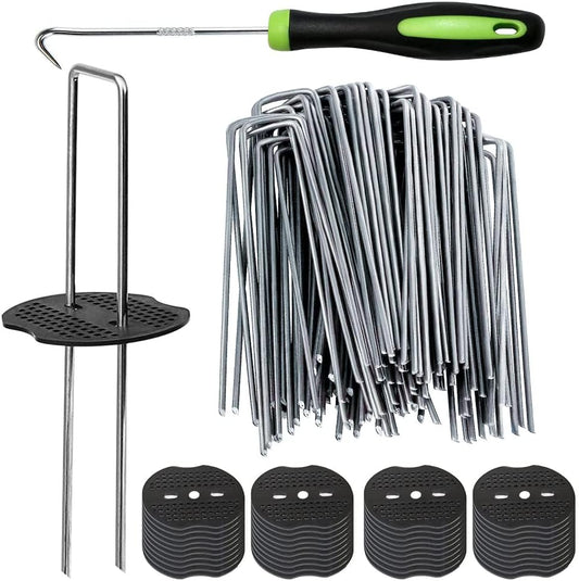 50Pcs Garden Stakes Staples + 50Pcs Gasket, 6 Inch Lawn Landscape Staples 11 Gauge U Shaped Galvanized Landscape Pins, Heavy Duty Yard Ground Pin for Weed Barrier Sod Fabric Decorations - 6"