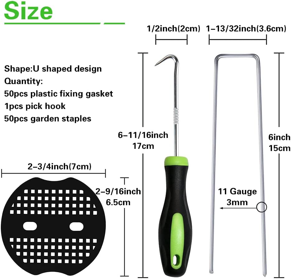 50Pcs Garden Stakes Staples + 50Pcs Gasket, 6 Inch Lawn Landscape Staples 11 Gauge U Shaped Galvanized Landscape Pins, Heavy Duty Yard Ground Pin for Weed Barrier Sod Fabric Decorations - 6"