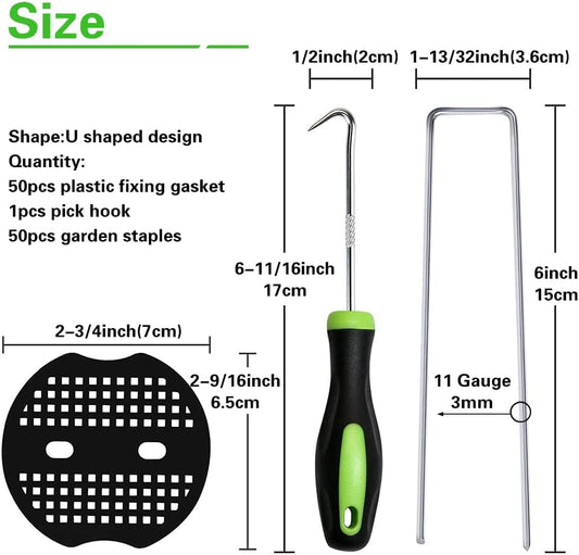 50Pcs Garden Stakes Staples + 50Pcs Gasket, 6 Inch Lawn Landscape Staples 11 Gauge U Shaped Galvanized Landscape Pins, Heavy Duty Yard Ground Pin for Weed Barrier Sod Fabric Decorations - 6"